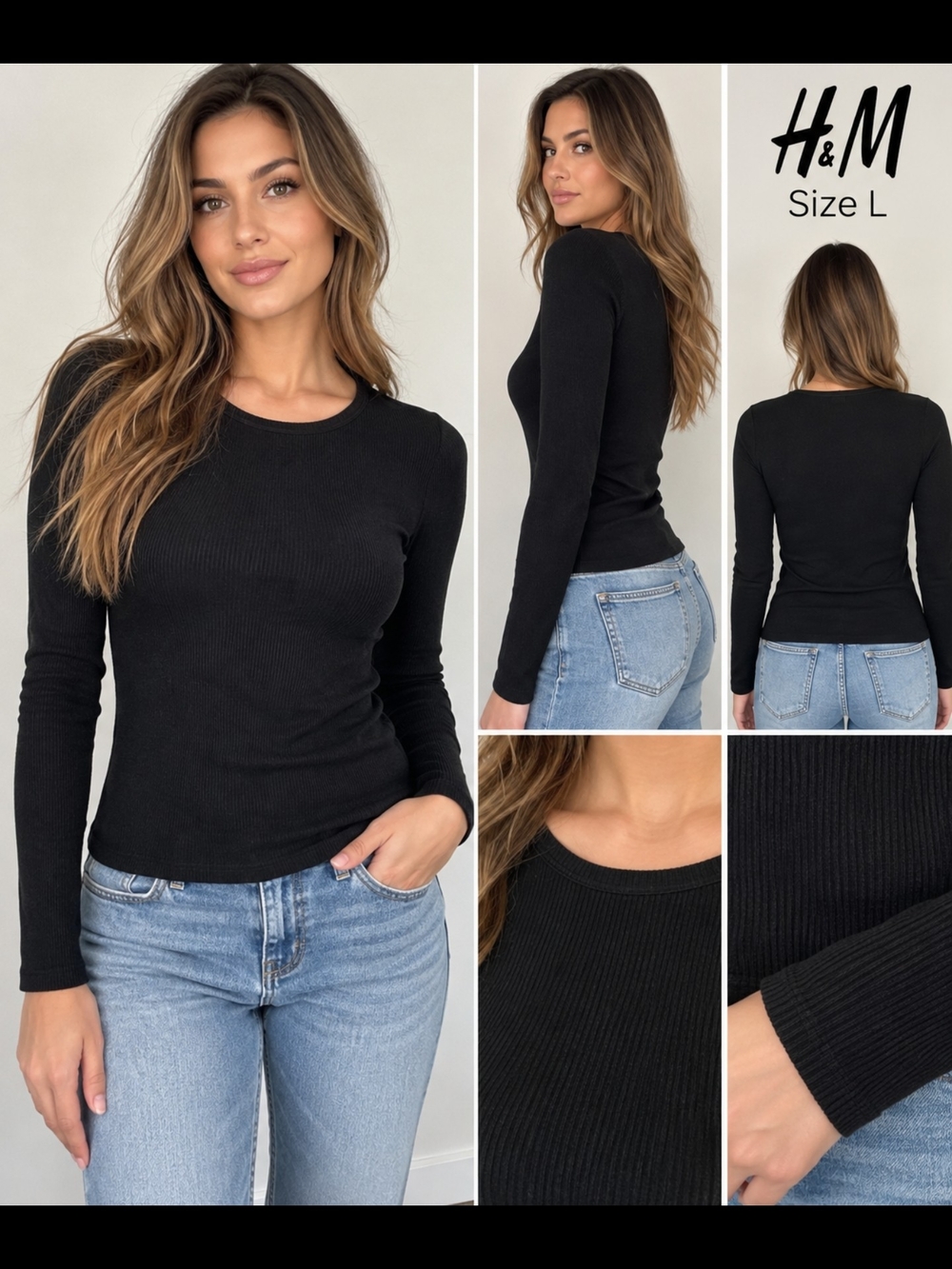 H&M Black Ribbed Long Sleeve Crewneck Top
